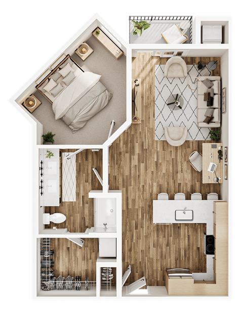 Floor plan for 1 bed, 1 bath, 747 sqft